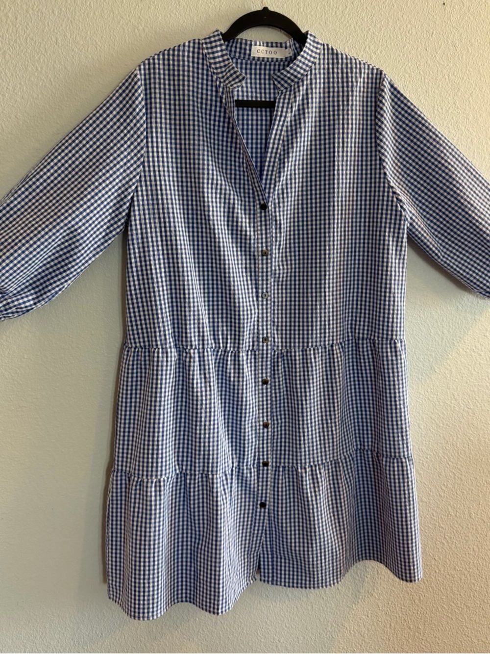 CCTOO Blue & White Gingham Button Dress Size Large, Cottagecore Flowy Midi